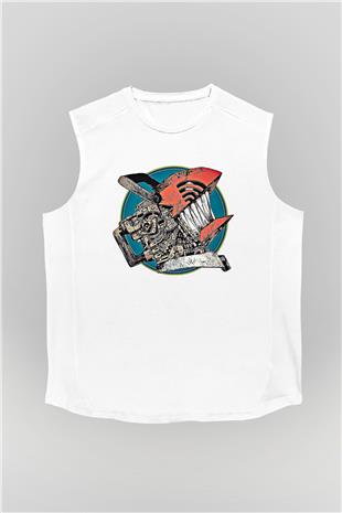 Chainsaw Man Baskılı Beyaz Unisex Kolsuz Tişört - Tshirt