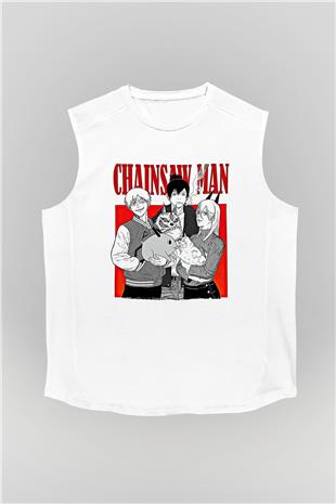 Chainsaw Man Baskılı Beyaz Unisex Kolsuz Tişört - Tshirt