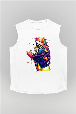 Chainsaw Man Baskılı Beyaz Unisex Kolsuz Tişört - Tshirt