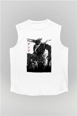Chainsaw Man Baskılı Beyaz Unisex Kolsuz Tişört - Tshirt