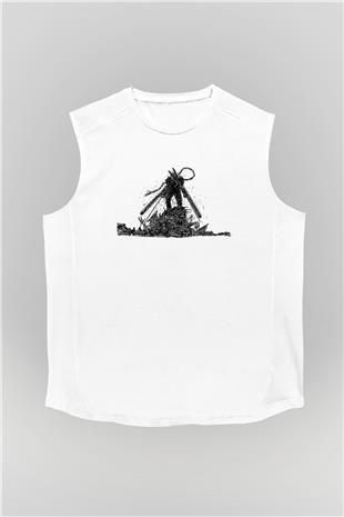 Chainsaw Man Baskılı Beyaz Unisex Kolsuz Tişört - Tshirt