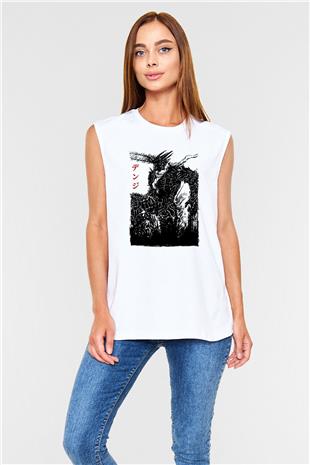 Chainsaw Man Baskılı Beyaz Unisex Kolsuz Tişört - Tshirt