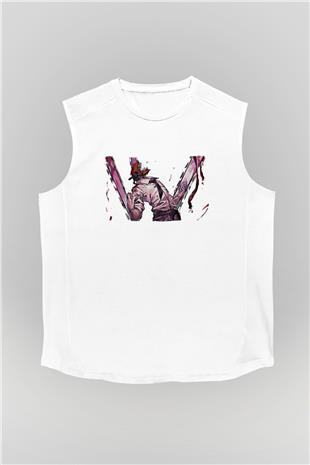 Chainsaw Man Baskılı Beyaz Unisex Kolsuz Tişört - Tshirt