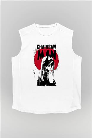 Chainsaw Man Baskılı Beyaz Unisex Kolsuz Tişört - Tshirt