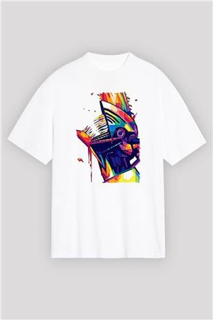 Chainsaw Man Baskılı Beyaz Unisex Oversize Tişört - Tshirt
