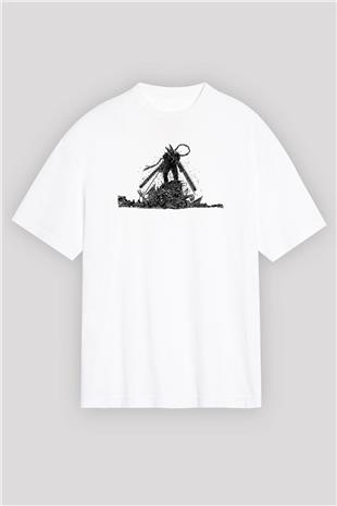 Chainsaw Man Baskılı Beyaz Unisex Oversize Tişört - Tshirt