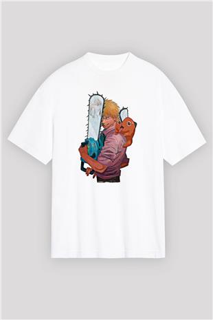 Chainsaw Man Baskılı Beyaz Unisex Oversize Tişört - Tshirt