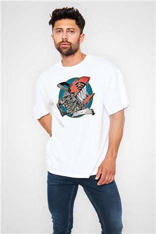 Chainsaw Man Baskılı Beyaz Unisex Oversize Tişört - Tshirt