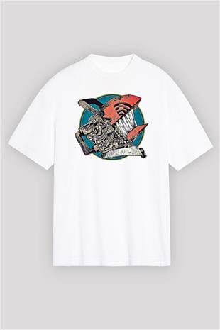 Chainsaw Man Baskılı Beyaz Unisex Oversize Tişört - Tshirt
