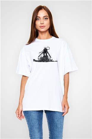 Chainsaw Man Baskılı Beyaz Unisex Oversize Tişört - Tshirt