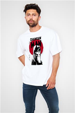 Chainsaw Man Baskılı Beyaz Unisex Oversize Tişört - Tshirt
