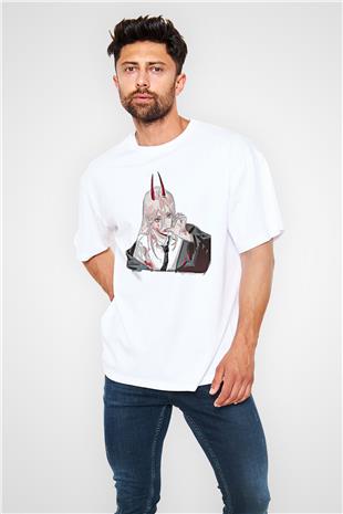 Chainsaw Man Baskılı Beyaz Unisex Oversize Tişört - Tshirt