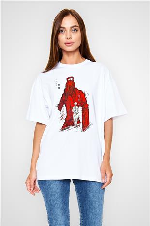 Chainsaw Man Baskılı Beyaz Unisex Oversize Tişört - Tshirt