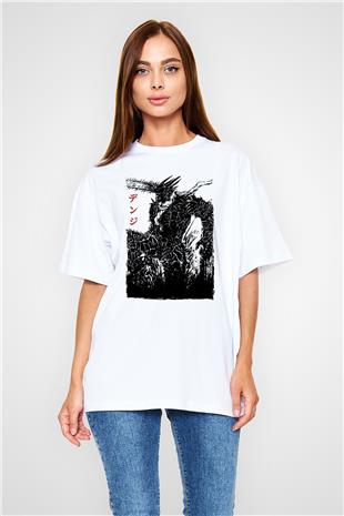Chainsaw Man Baskılı Beyaz Unisex Oversize Tişört - Tshirt