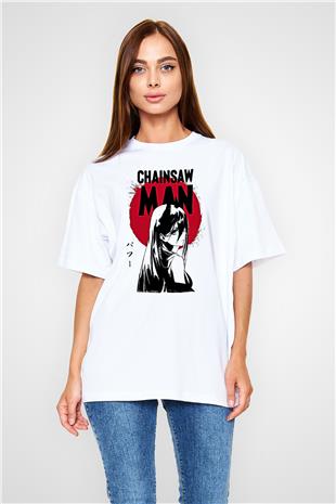 Chainsaw Man Baskılı Beyaz Unisex Oversize Tişört - Tshirt