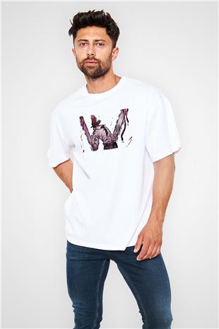 Chainsaw Man Baskılı Beyaz Unisex Oversize Tişört - Tshirt