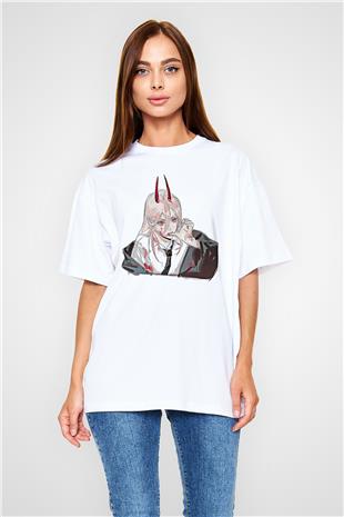 Chainsaw Man Baskılı Beyaz Unisex Oversize Tişört - Tshirt