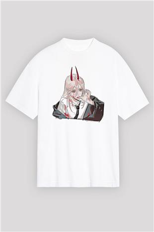 Chainsaw Man Baskılı Beyaz Unisex Oversize Tişört - Tshirt