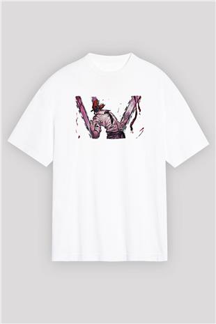 Chainsaw Man Baskılı Beyaz Unisex Oversize Tişört - Tshirt