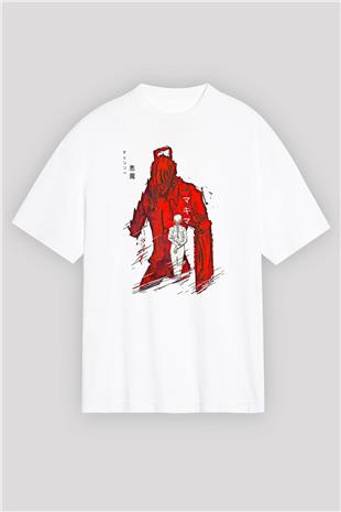 Chainsaw Man Baskılı Beyaz Unisex Oversize Tişört - Tshirt