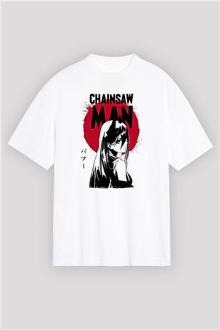 Chainsaw Man Baskılı Beyaz Unisex Oversize Tişört - Tshirt