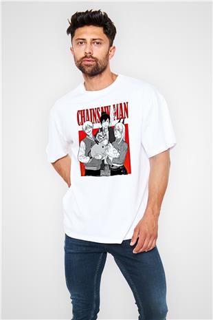 Chainsaw Man Baskılı Beyaz Unisex Oversize Tişört - Tshirt