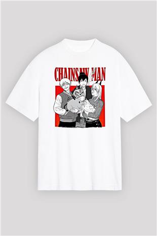 Chainsaw Man Baskılı Beyaz Unisex Oversize Tişört - Tshirt