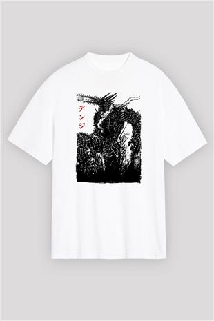 Chainsaw Man Baskılı Beyaz Unisex Oversize Tişört - Tshirt