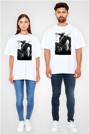 Chainsaw Man Baskılı Beyaz Unisex Oversize Tişört - Tshirt