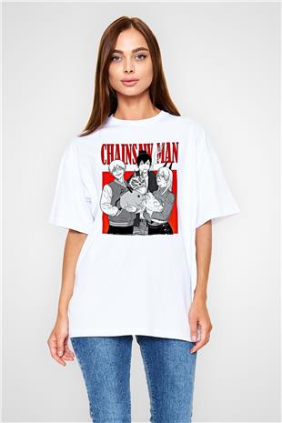 Chainsaw Man Baskılı Beyaz Unisex Oversize Tişört - Tshirt