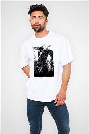 Chainsaw Man Baskılı Beyaz Unisex Oversize Tişört - Tshirt