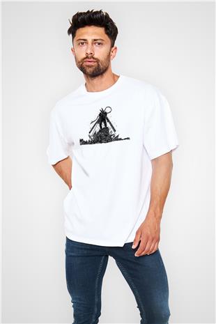 Chainsaw Man Baskılı Beyaz Unisex Oversize Tişört - Tshirt