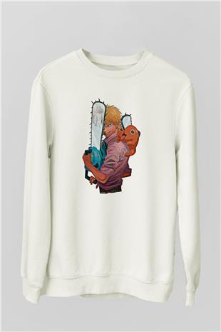 Chainsaw Man Baskılı Beyaz Unisex Sweatshirt