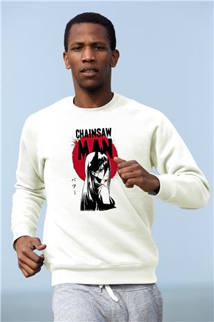 Chainsaw Man Baskılı Beyaz Unisex Sweatshirt