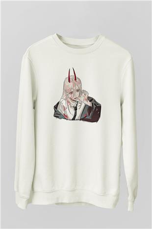 Chainsaw Man Baskılı Beyaz Unisex Sweatshirt