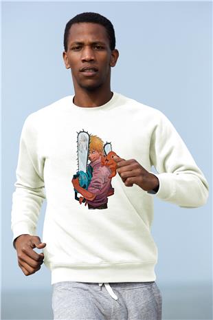 Chainsaw Man Baskılı Beyaz Unisex Sweatshirt