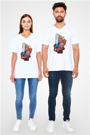 Chainsaw Man Baskılı Beyaz Unisex V Yaka Tişört - Tshirt