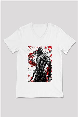 Chainsaw Man Baskılı Beyaz Unisex V Yaka Tişört - Tshirt