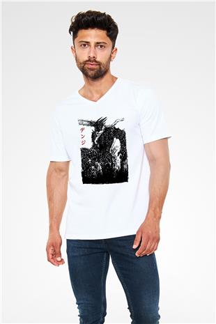 Chainsaw Man Baskılı Beyaz Unisex V Yaka Tişört - Tshirt