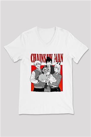 Chainsaw Man Baskılı Beyaz Unisex V Yaka Tişört - Tshirt