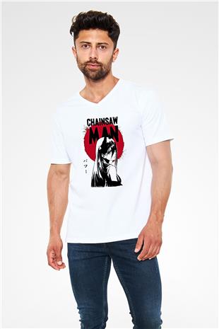 Chainsaw Man Baskılı Beyaz Unisex V Yaka Tişört - Tshirt