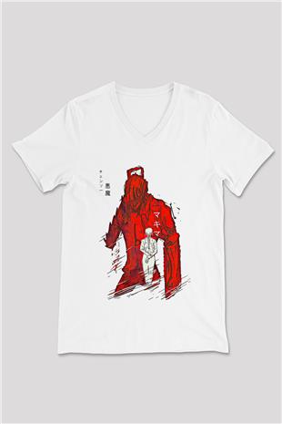 Chainsaw Man Baskılı Beyaz Unisex V Yaka Tişört - Tshirt
