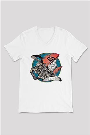 Chainsaw Man Baskılı Beyaz Unisex V Yaka Tişört - Tshirt