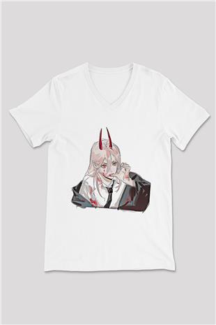 Chainsaw Man Baskılı Beyaz Unisex V Yaka Tişört - Tshirt