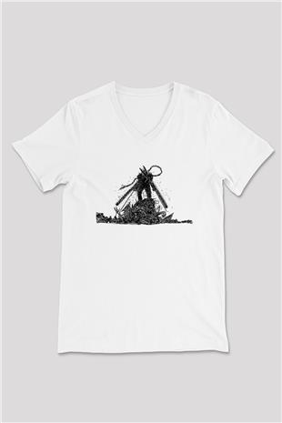 Chainsaw Man Baskılı Beyaz Unisex V Yaka Tişört - Tshirt