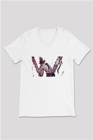 Chainsaw Man Baskılı Beyaz Unisex V Yaka Tişört - Tshirt