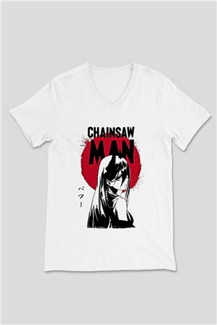 Chainsaw Man Baskılı Beyaz Unisex V Yaka Tişört - Tshirt