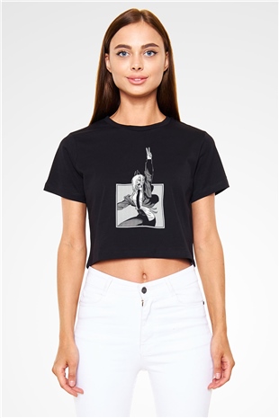 Chainsaw Man Baskılı Siyah Crop Top Kadın Tişört - Tshirt