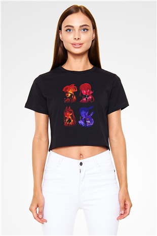 Chainsaw Man Baskılı Siyah Crop Top Kadın Tişört - Tshirt