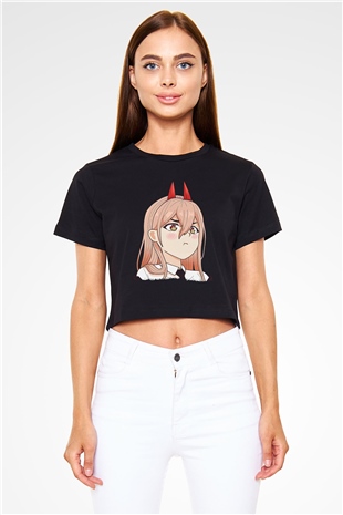 Chainsaw Man Baskılı Siyah Crop Top Kadın Tişört - Tshirt